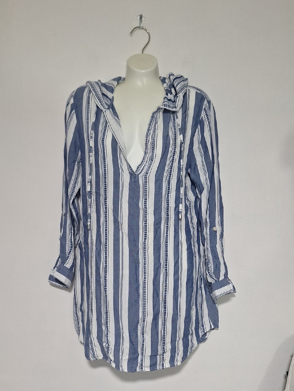 blue island Striped Hooded Swim Coverup in Blue and White